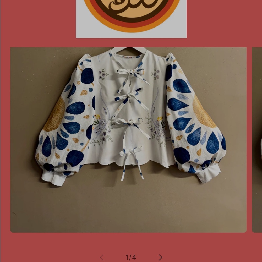 Blue and White Crop Blouse with Bib Collar